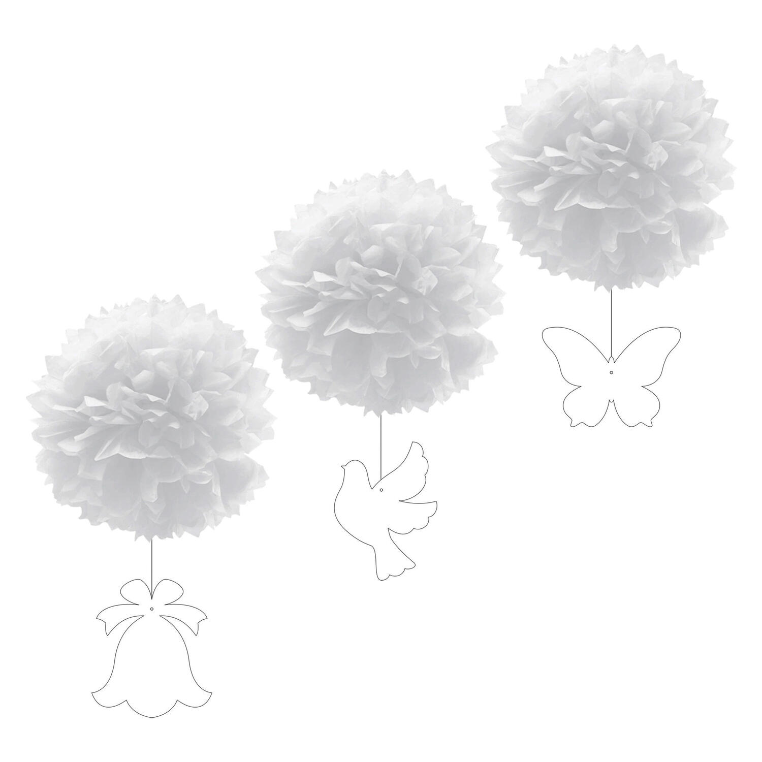 Pompons mit Figuren aus Papier schwer entflammbar wei 30cm, 3 Stk.