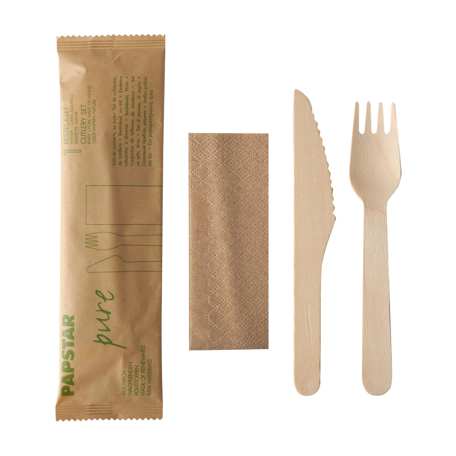 Holzbesteck Set Messer Gabel Serviette natur einzeln verpackt in Papierbeutel, 1 Set