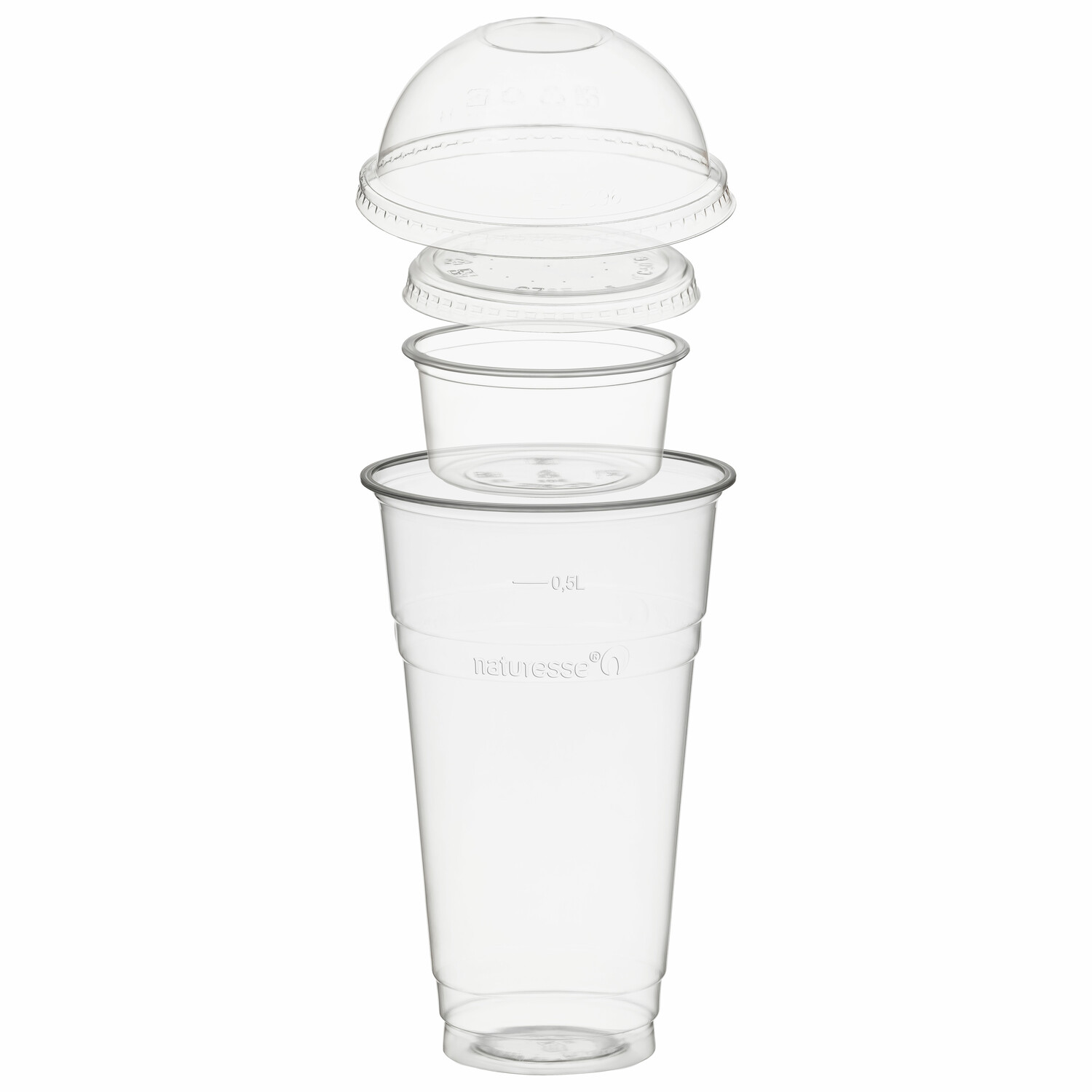 BIO Trinkbecher 500ml mit Domdeckel ohne Loch + Einsatzbecher 90ml PLA 100 Stk.