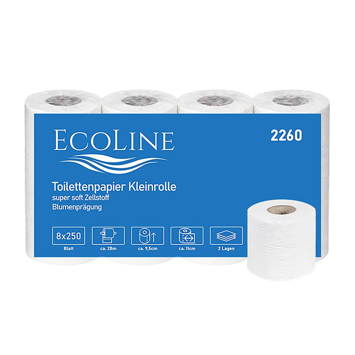Ecoline Toilettenpapier 2 lagig 250 Blatt Zellstoff 9,5x11cm Blumenpr�gung 8x8 Rollen=64 Rollen
