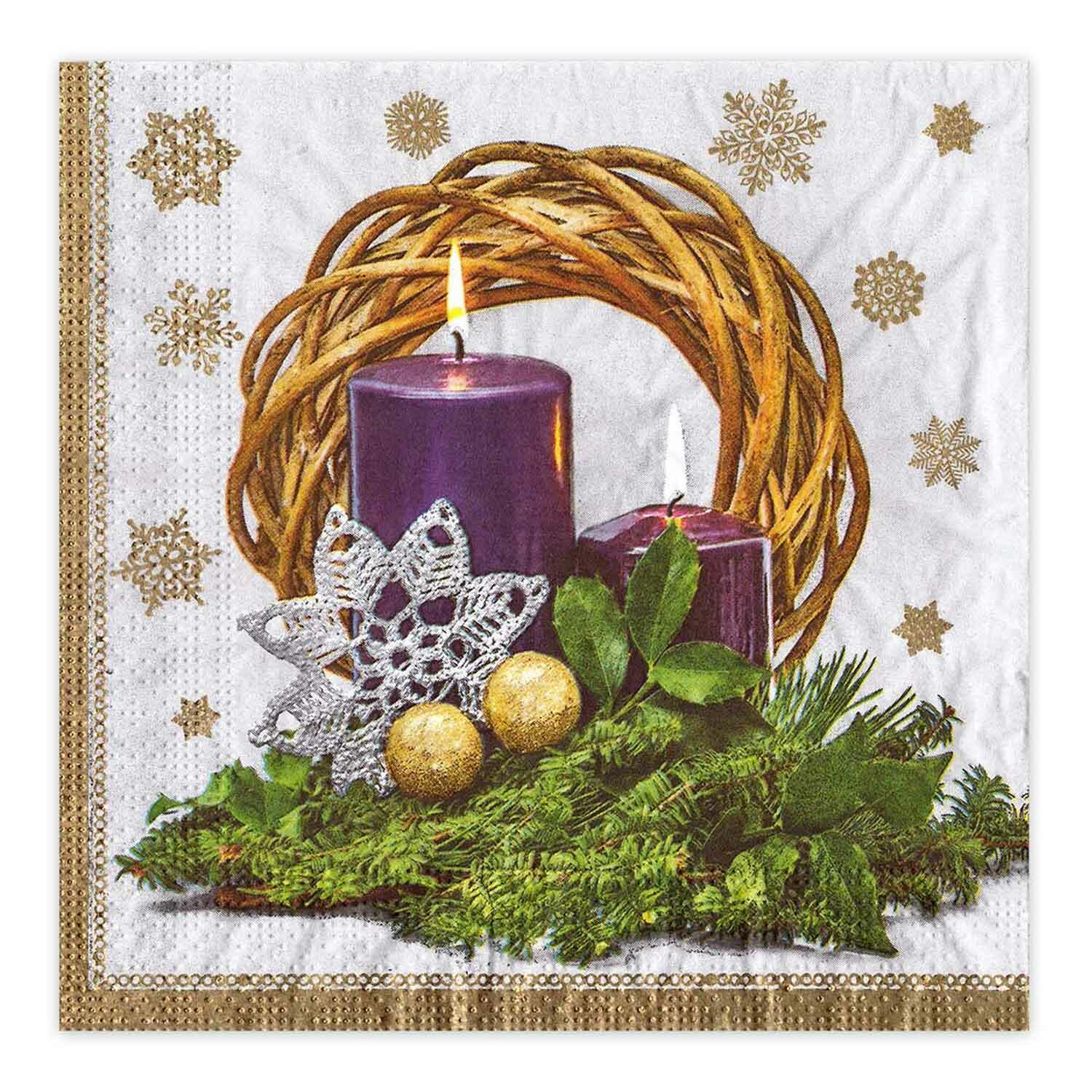 Weihnachtsservietten 3-lagig 33 x 33 cm Kerzen violett und Kranz, 20 Stk.