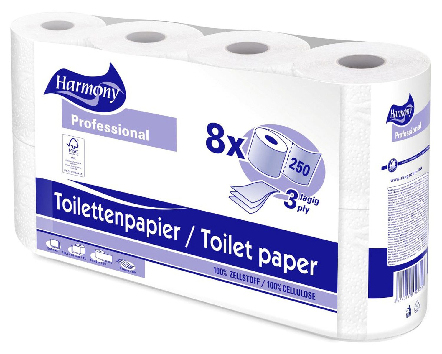 Toilettenpapier 3-lagig Harmony Professional 250 Blatt FSC-zertifiziert, 8 Rollen